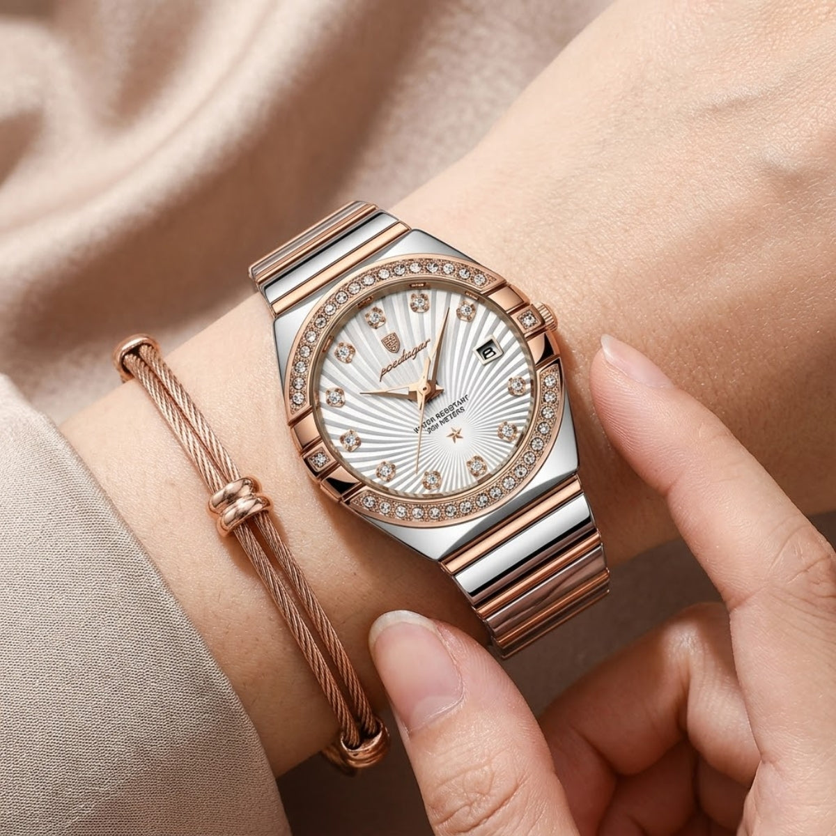 POEDAGAR 302 Luxury Women’s Stainless Steel Wristwatch – Waterproof Quartz Watch with Luminous Hands and Date Display White