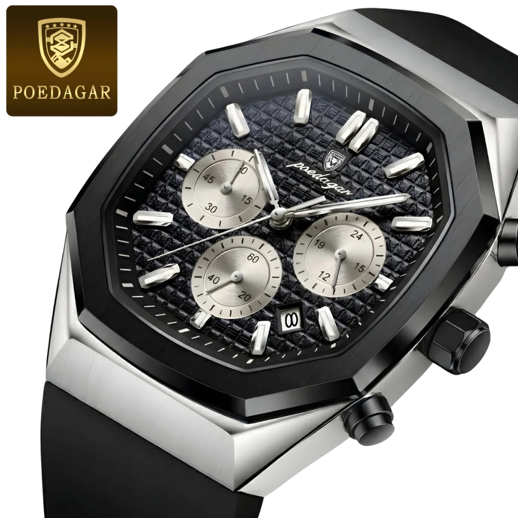 POEDAGAR 893 Elite Sports: Luxury Men’s Chronograph – High-Performance Silicone Strap, Waterproof & Luminous Quartz Movement Silver Black