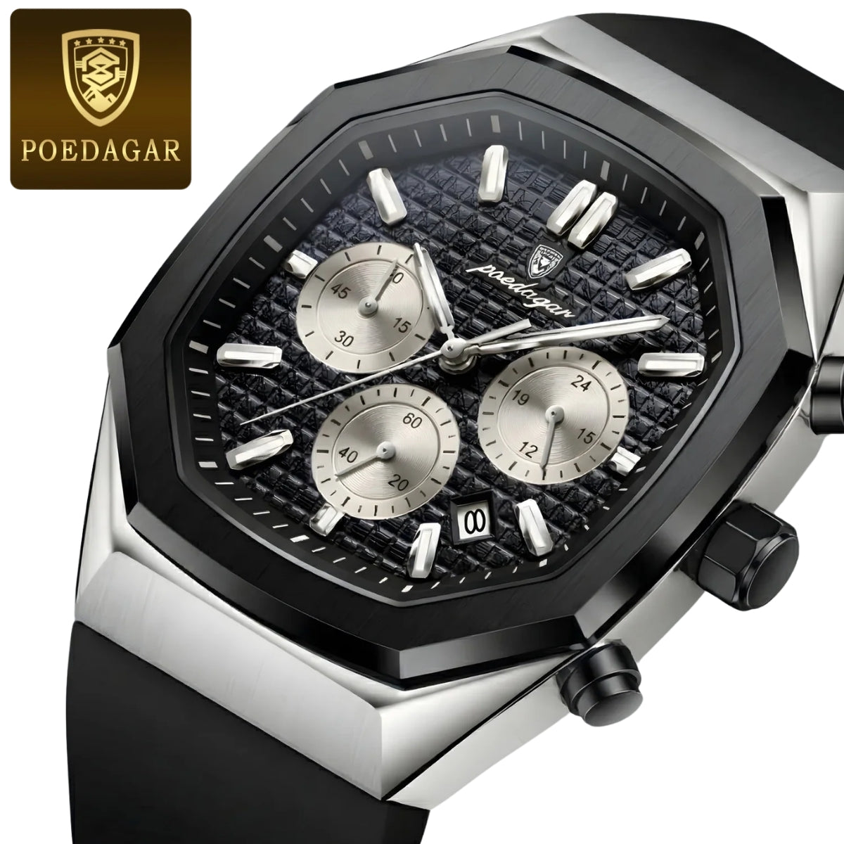 POEDAGAR 893 Elite Sports: Luxury Men’s Chronograph – High-Performance Silicone Strap, Waterproof & Luminous Quartz Movement Silver Black
