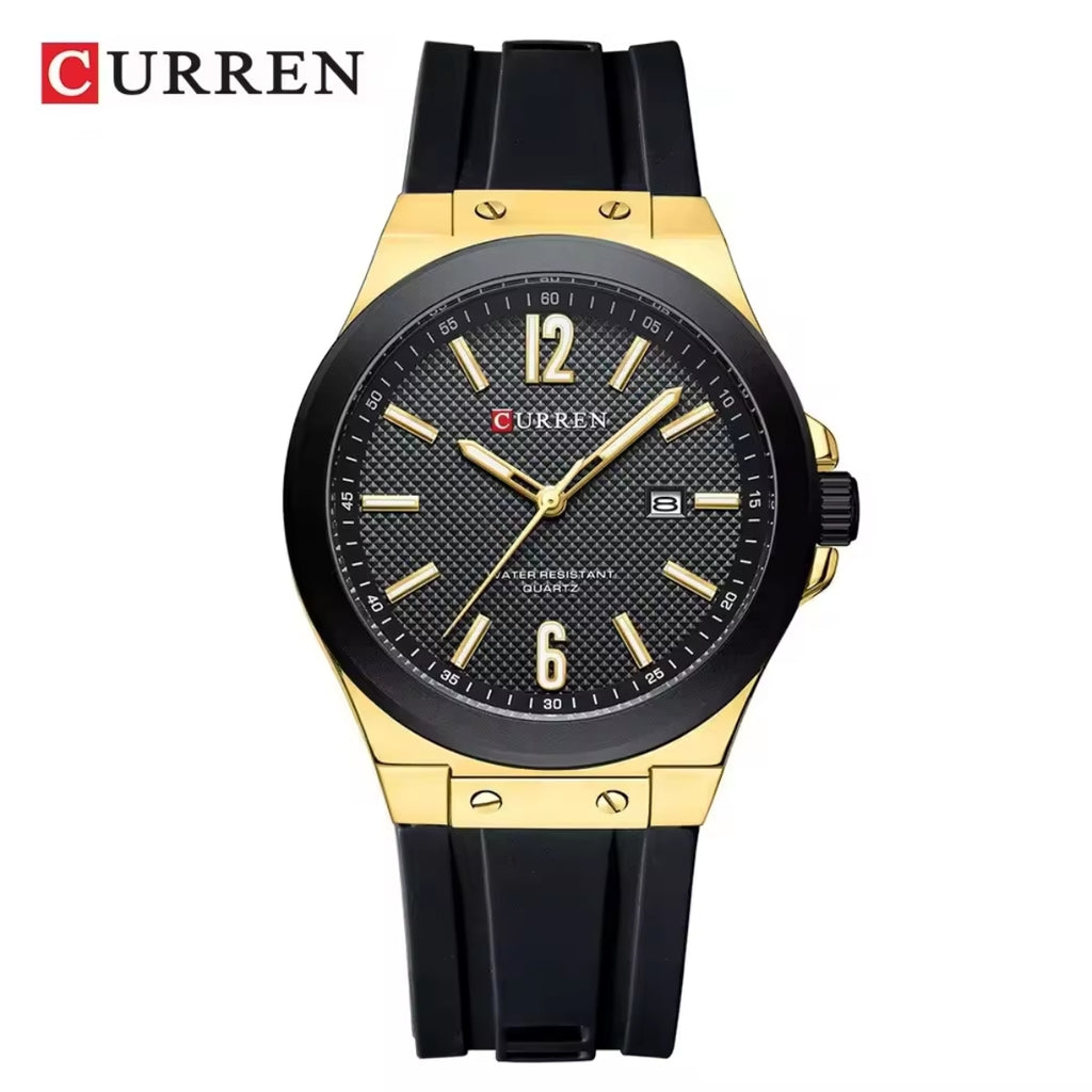 CURREN 8467 Men Watch Waterproof Quartz Silicone Strap Black and Gold