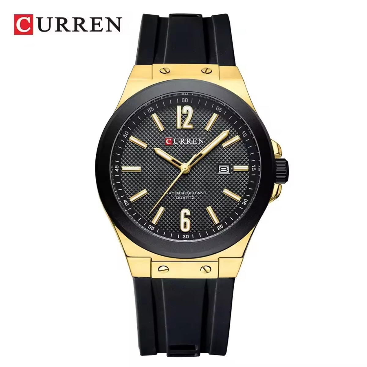 CURREN 8467 Men Watch Waterproof Quartz Silicone Strap Black and Gold