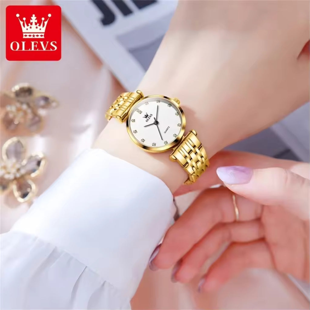 OLEVS 5596 Luxury Women's Watch – Quartz Wristwatch Set - Golden White