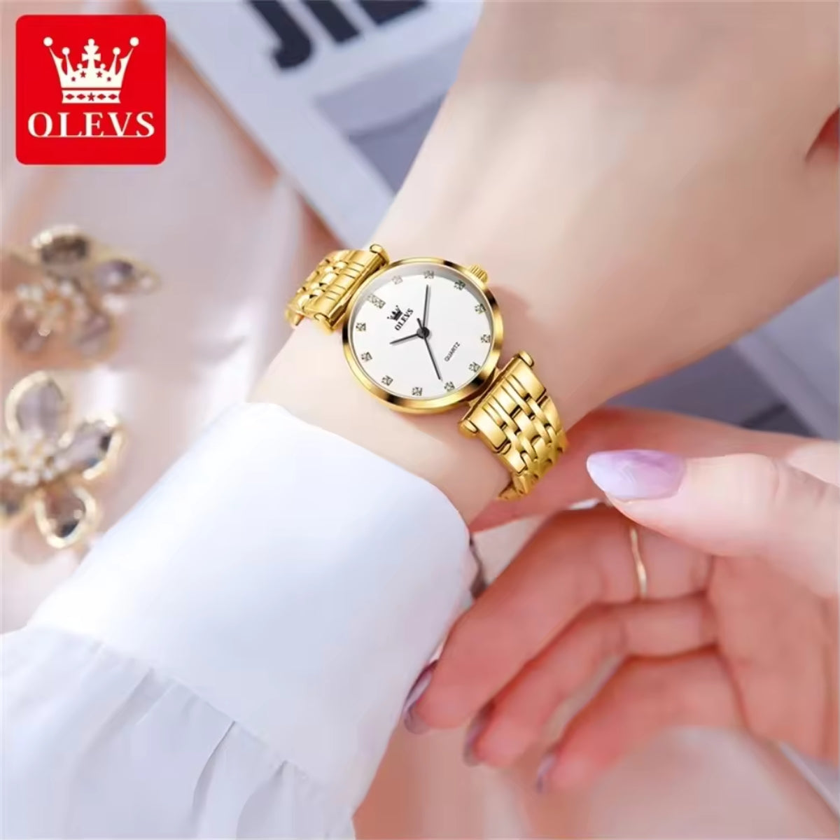 OLEVS 5596 Luxury Women's Watch – Quartz Wristwatch Set - Golden White