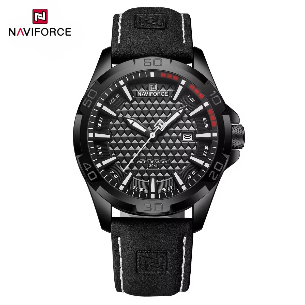 NAVIFORCE 8023 Men’s Original Fashion Watch – Waterproof Quartz Leather Wristwatch with Calendar Black and White