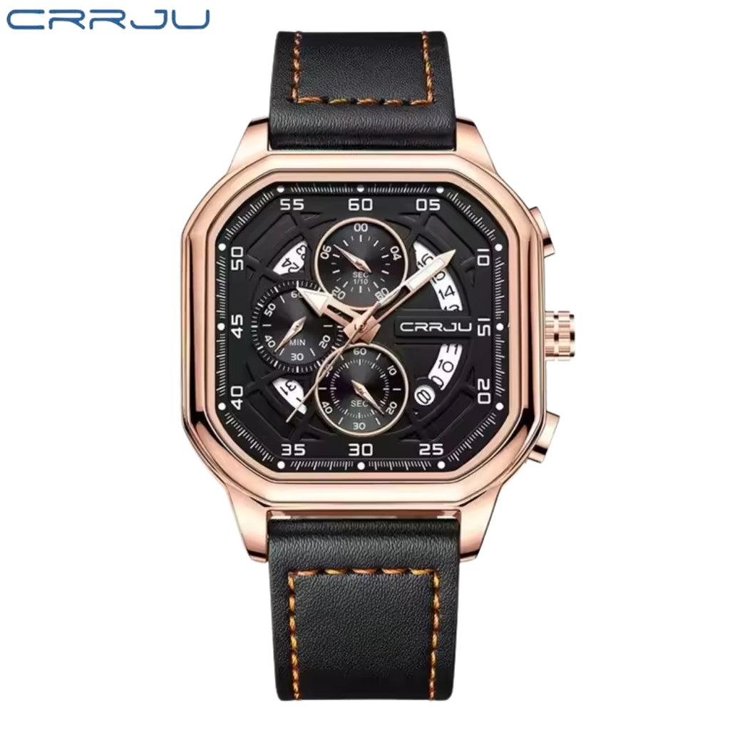 CRRJU 2314 Men’s Luxury Chronograph Watch – 3ATM Waterproof, Luminous Hands, Complete Calendar, Fashion Wristwatch Black