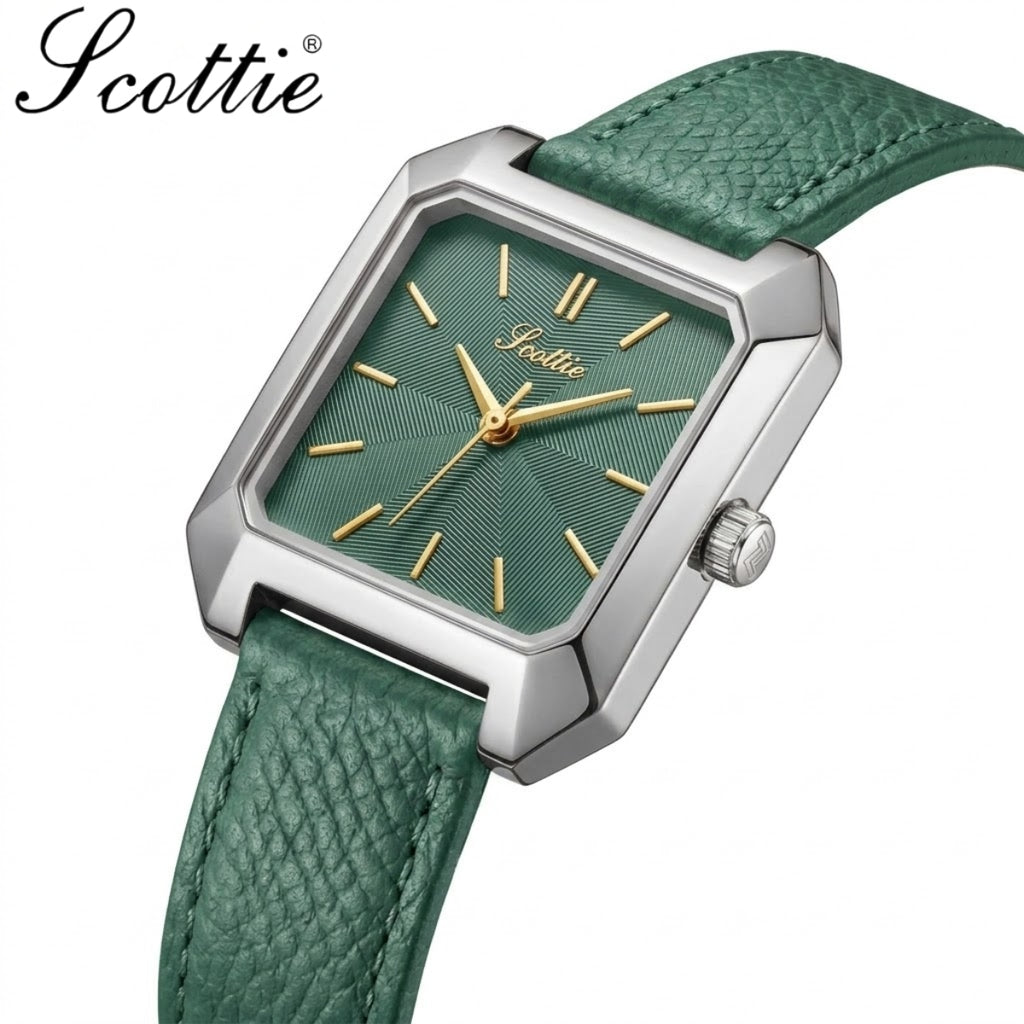 Scottie 9153 Women’s Square Leather Watch – Luxury Quartz Water-Resistant Wristwatch for Ladies Green