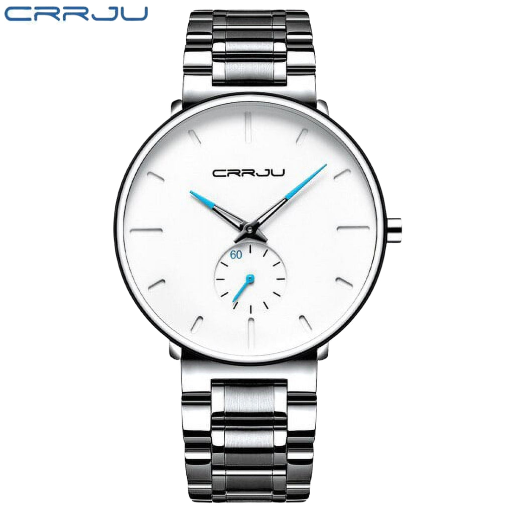 CRRJU 2150 Luxury Quartz Watch – Premium Stainless Steel Band, Casual Black Wristwatch for Men White