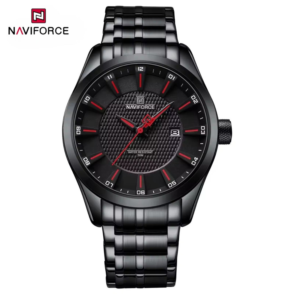 NAVIFORCE 8032 Men’s Stainless Steel Watch – Original Quartz Business Wristwatch - Black and Red