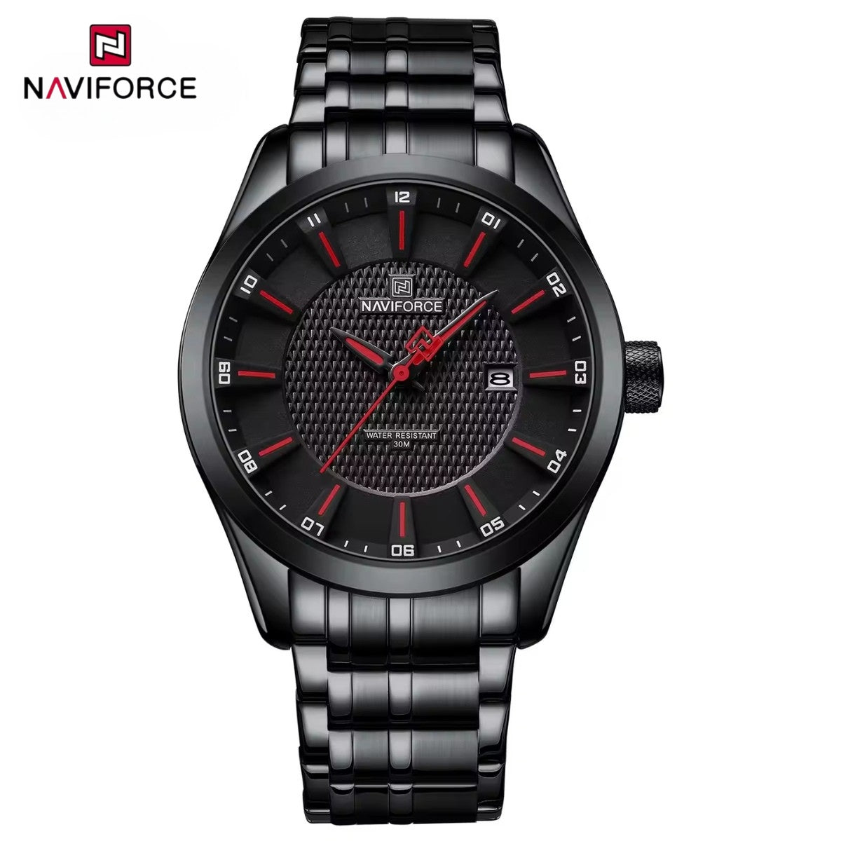 NAVIFORCE 8032 Men’s Stainless Steel Watch – Original Quartz Business Wristwatch - Black and Red