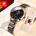 OLEVS 5877 Women’s Luxury Ceramic Watch – Designer Casual Quartz Wristwatch with Matching Bracelet Black