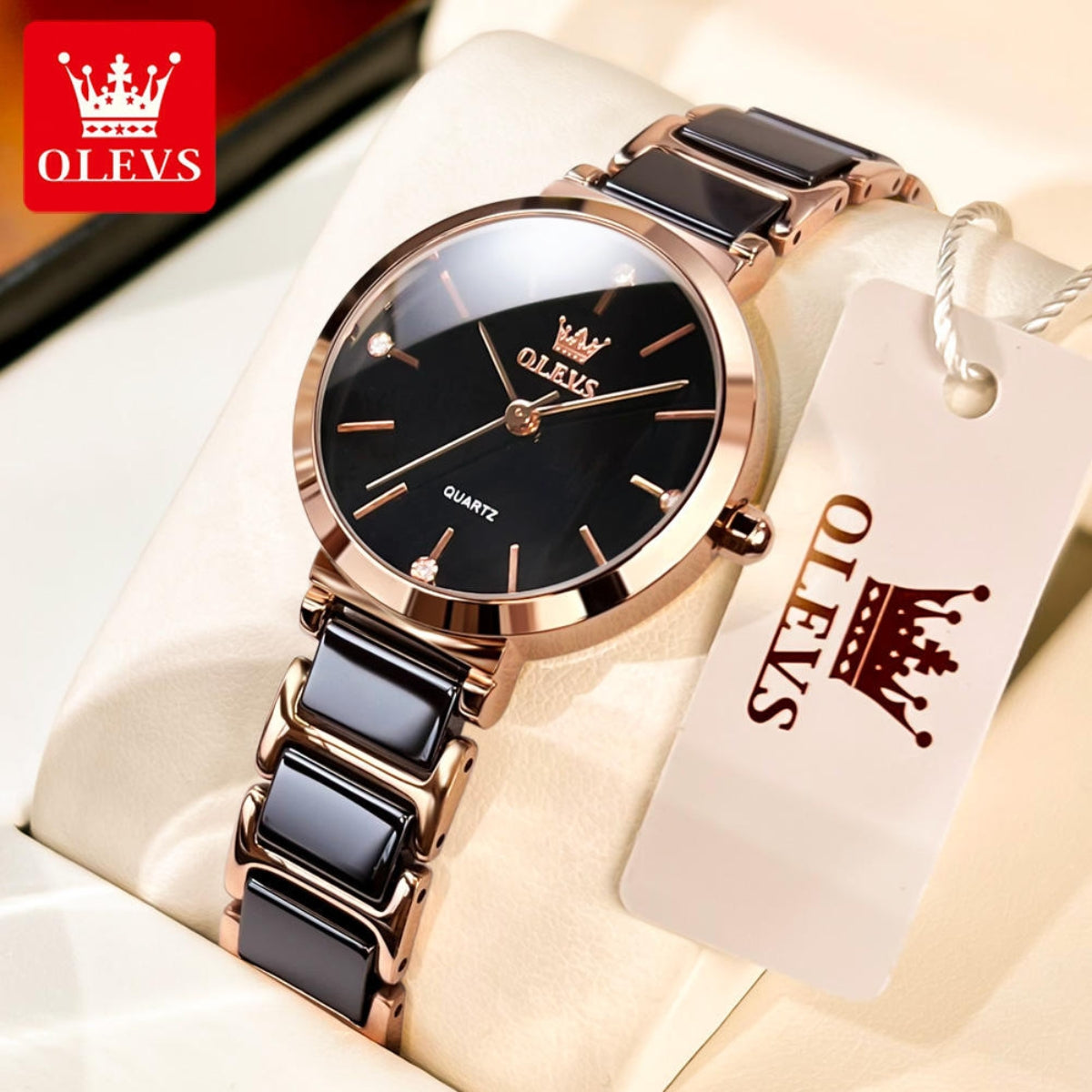 OLEVS 5877 Women’s Luxury Ceramic Watch – Designer Casual Quartz Wristwatch with Matching Bracelet Black