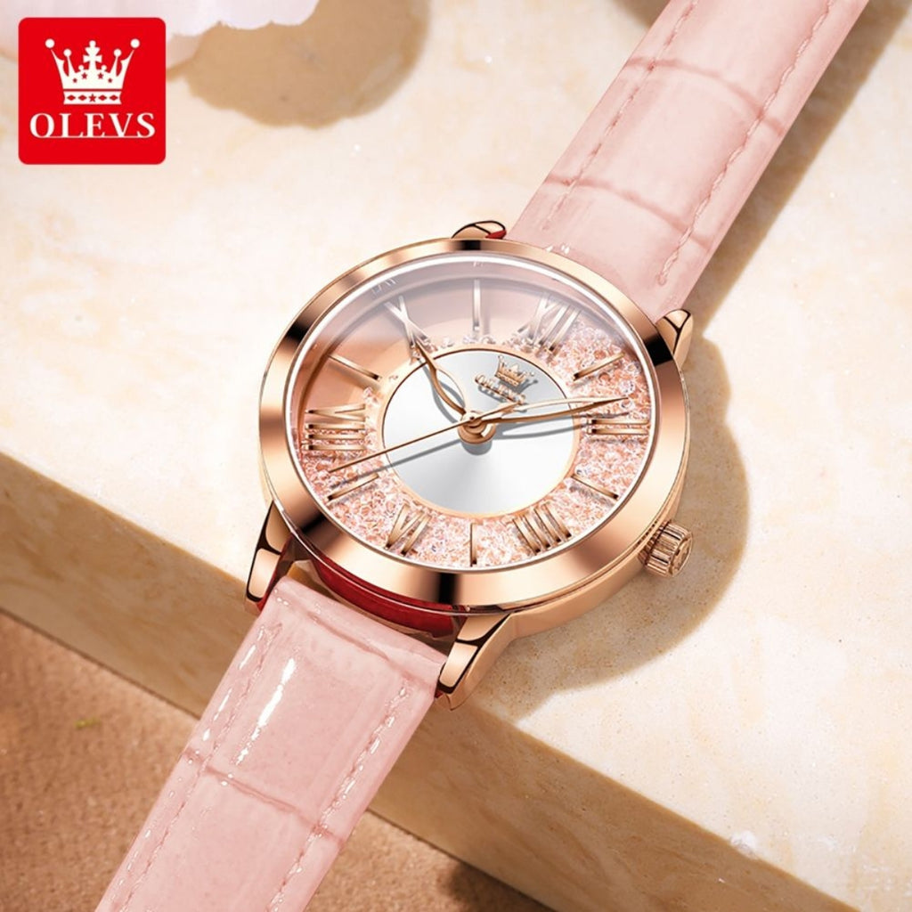 OLEVS 5539 Women’s Pink Skeleton Watch – Luxury Transparent Fashion Quartz Wristwatch (Waterproof)