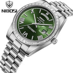 NIBOSI 2628 Luxury Men’s Quartz Watch – Faceted Crystal Bezel & Sunburst Dial Precision Business Timepiece Silver Green