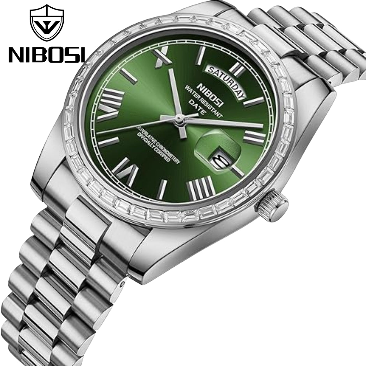 NIBOSI 2628 Luxury Men’s Quartz Watch – Faceted Crystal Bezel & Sunburst Dial Precision Business Timepiece Silver Green