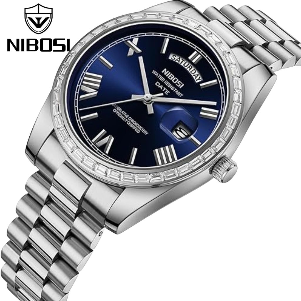 NIBOSI 2628 Luxury Men’s Quartz Watch – Faceted Crystal Bezel & Sunburst Dial Precision Business Timepiece Silver Green (Copy)