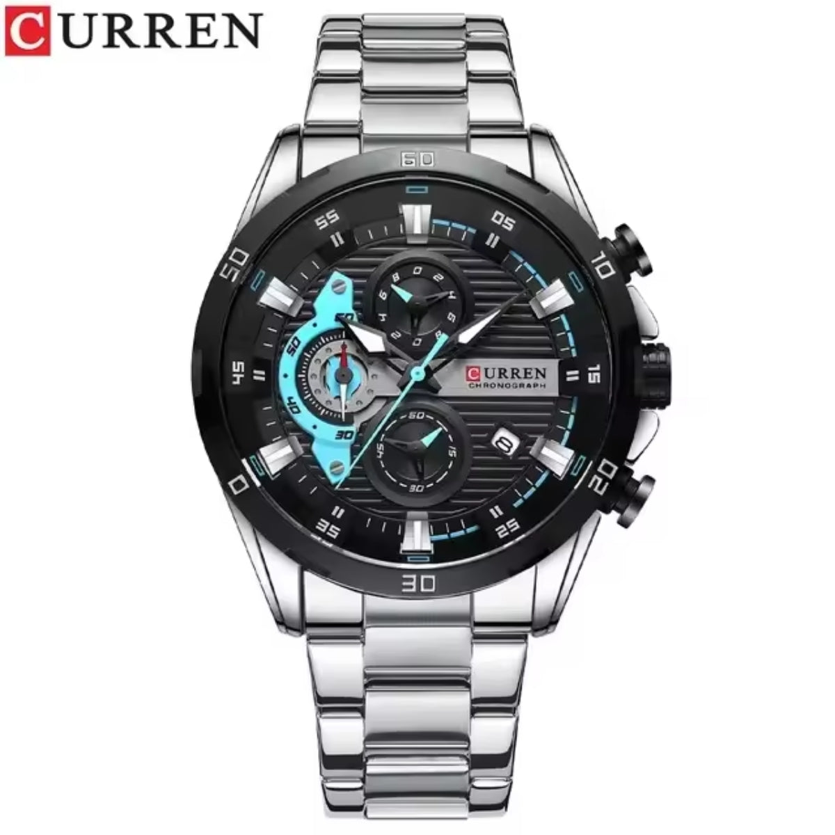 CURREN 8402 Men Watch Quartz Stainless Steel Chronograph Waterproof Wrist Watch Luminous Sport Black Dial