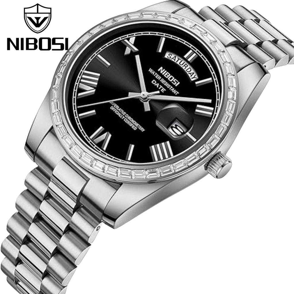 NIBOSI 2628 Luxury Men’s Quartz Watch – Faceted Crystal Bezel & Sunburst Dial Precision Business Timepiece Silver Black