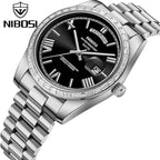 NIBOSI 2628 Luxury Men’s Quartz Watch – Faceted Crystal Bezel & Sunburst Dial Precision Business Timepiece Silver Black