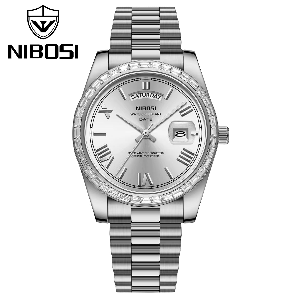 NIBOSI 2628 Luxury Men’s Quartz Watch – Faceted Crystal Bezel & Sunburst Dial Precision Business Timepiece Silver