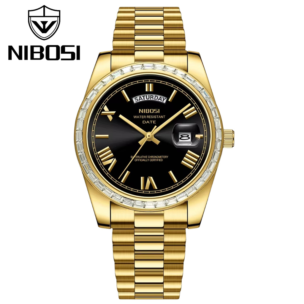 NIBOSI 2628 Luxury Men’s Quartz Watch – Faceted Crystal Bezel & Sunburst Dial Precision Business Timepiece Gold Black