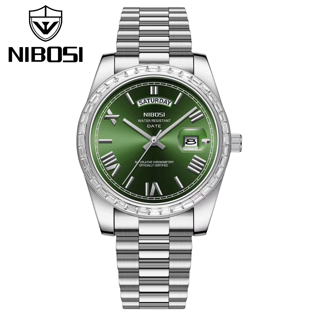 NIBOSI 2628 Luxury Men’s Quartz Watch – Faceted Crystal Bezel & Sunburst Dial Precision Business Timepiece Silver Green