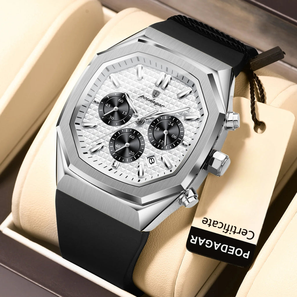 POEDAGAR 893 Elite Sports: Luxury Men’s Chronograph – High-Performance Silicone Strap, Waterproof & Luminous Quartz Movement Silver