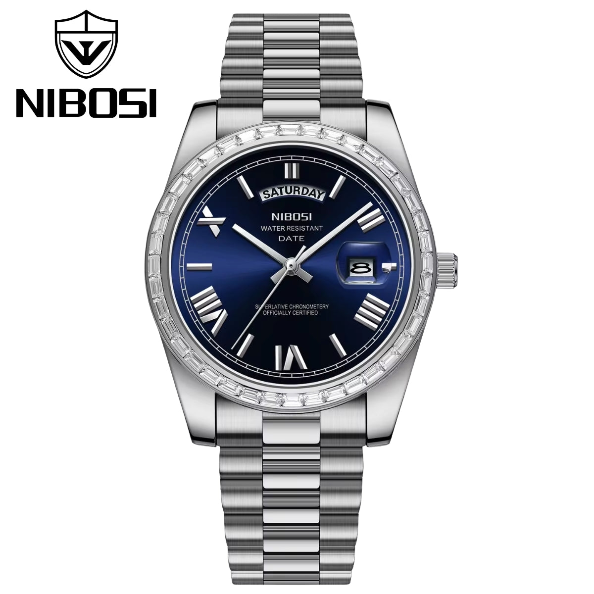 NIBOSI 2628 Luxury Men’s Quartz Watch – Faceted Crystal Bezel & Sunburst Dial Precision Business Timepiece Silver Green (Copy)