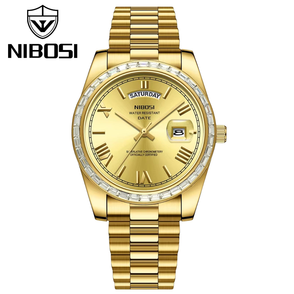 NIBOSI 2628 Luxury Men’s Quartz Watch – Faceted Crystal Bezel & Sunburst Dial Precision Business Timepiece Gold