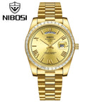 NIBOSI 2628 Luxury Men’s Quartz Watch – Faceted Crystal Bezel & Sunburst Dial Precision Business Timepiece Gold