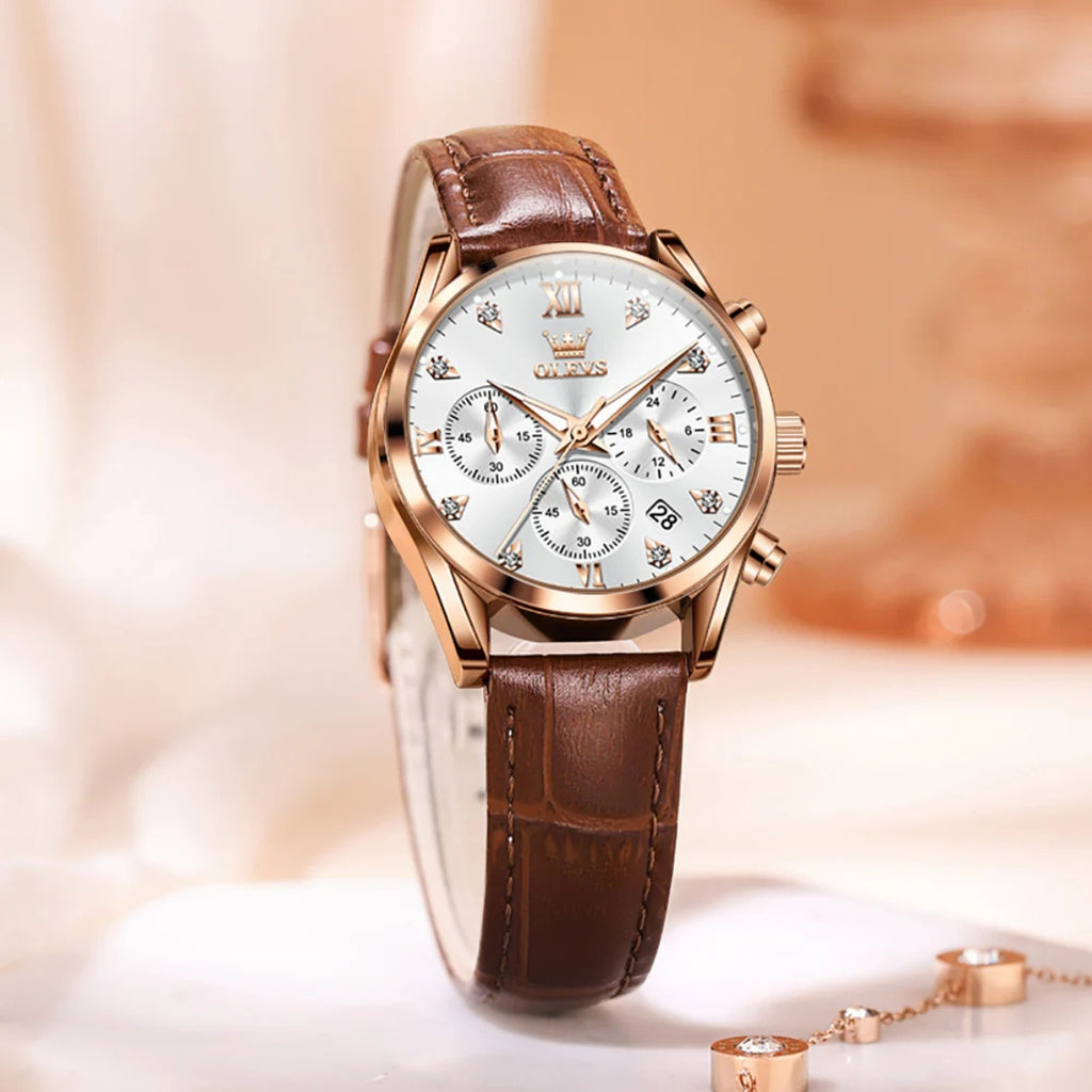 OLEVS 5523 Women’s Mini Multi-Function Watch – Luminous Chronograph Quartz Wristwatch with Leather Strap Black