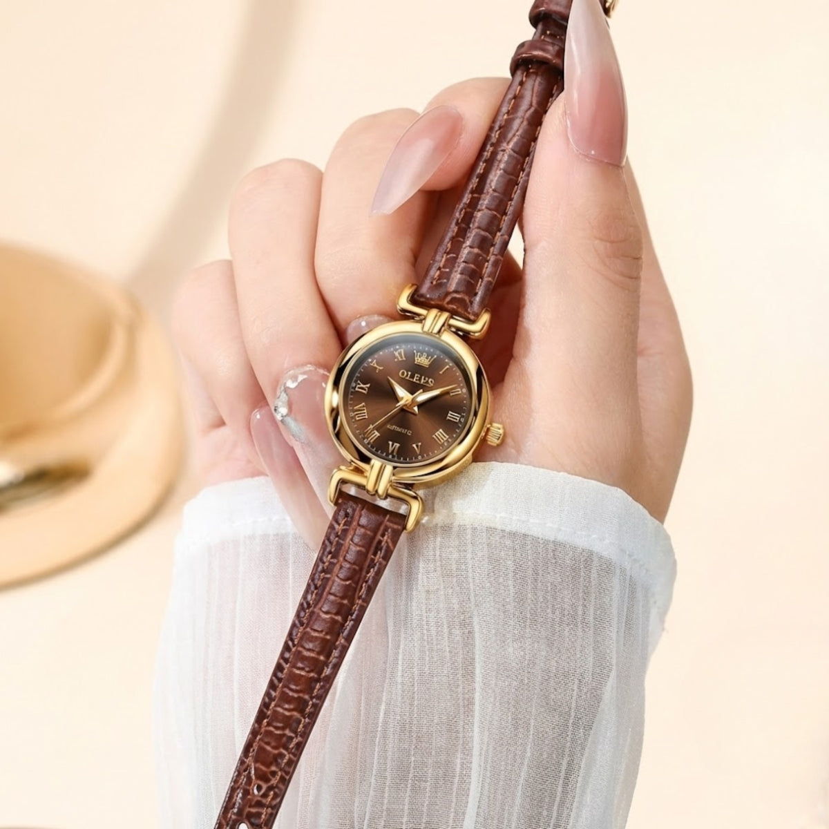 OLEVS 5645 Women’s Retro Classic Watch – Luxury Gold Quartz Wristwatch with Leather Strap & Roman Numerals Brown and Gold