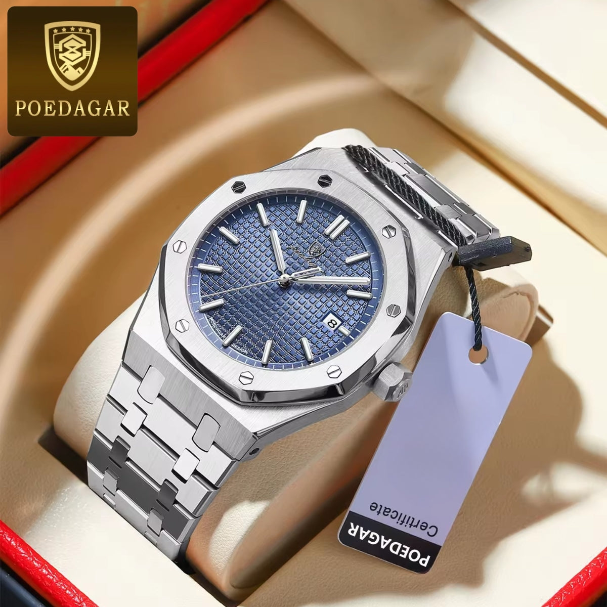 POEDAGAR 924 Men's Luxury Watch: Stainless Steel Waterproof Quartz with Day-Date & Luminous Display Silver Blue
