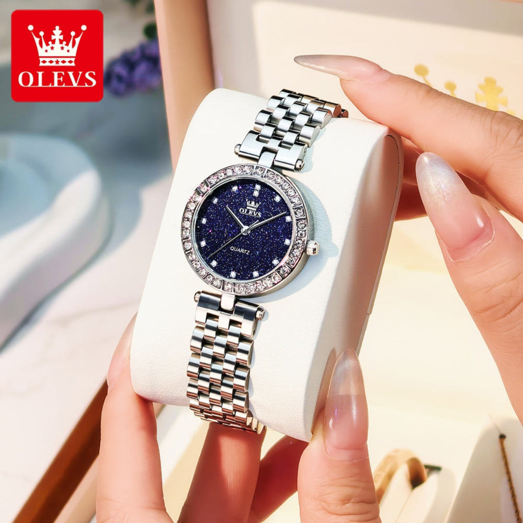 OLEVS 3641 Women’s Starry Sky Watch – Luxury Stainless Steel Waterproof Quartz with Luminous Dial - Silver and Blue