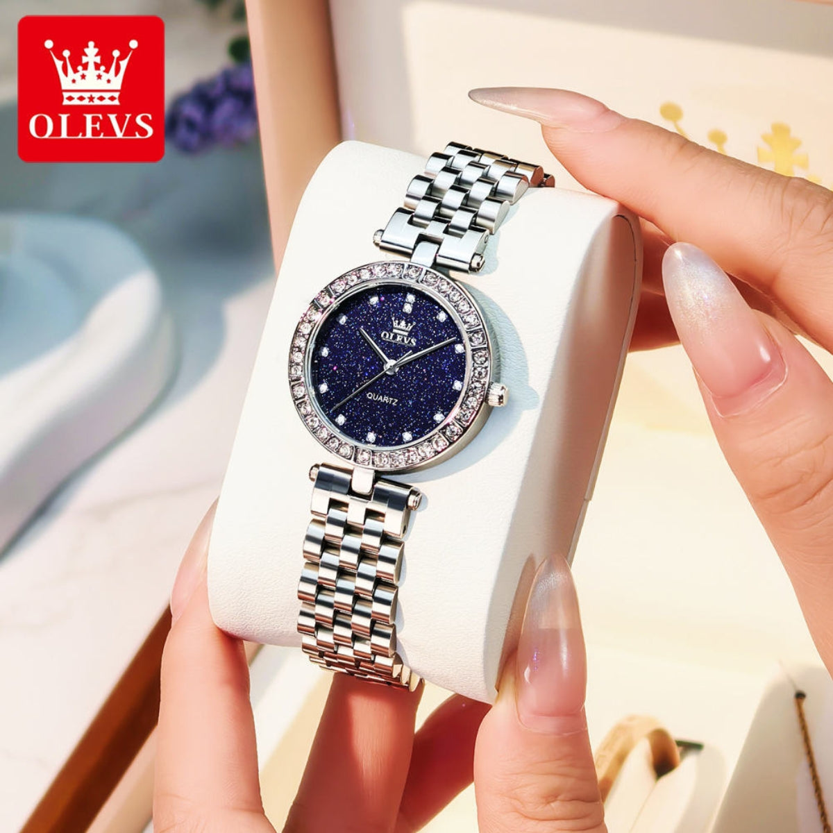 OLEVS 3641 Women’s Starry Sky Watch – Luxury Stainless Steel Waterproof Quartz with Luminous Dial - Silver and Blue