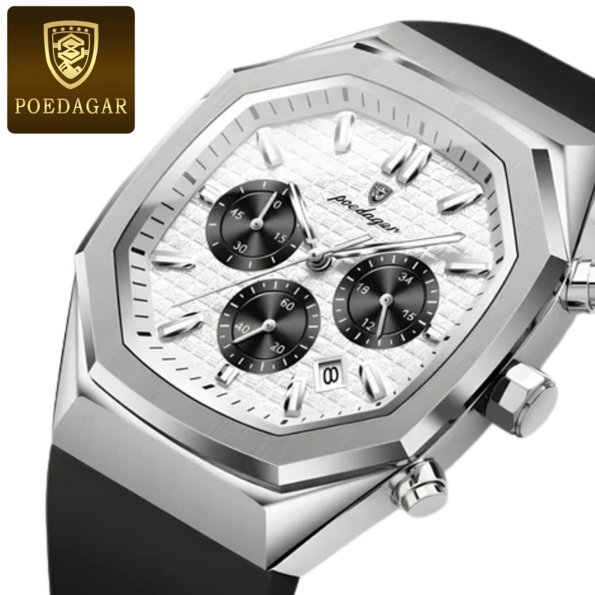 POEDAGAR 893 Elite Sports: Luxury Men’s Chronograph – High-Performance Silicone Strap, Waterproof & Luminous Quartz Movement Silver