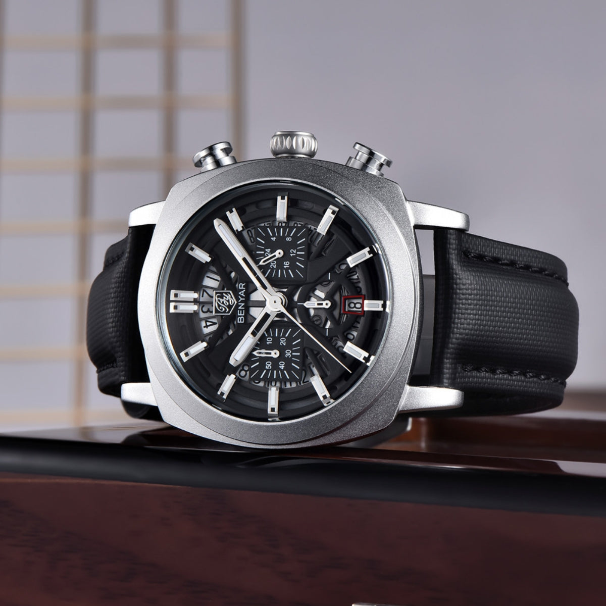 BENYAR 5205 Men's Watch – Sport Chronograph with Luminous Hands Black and Silver Dial