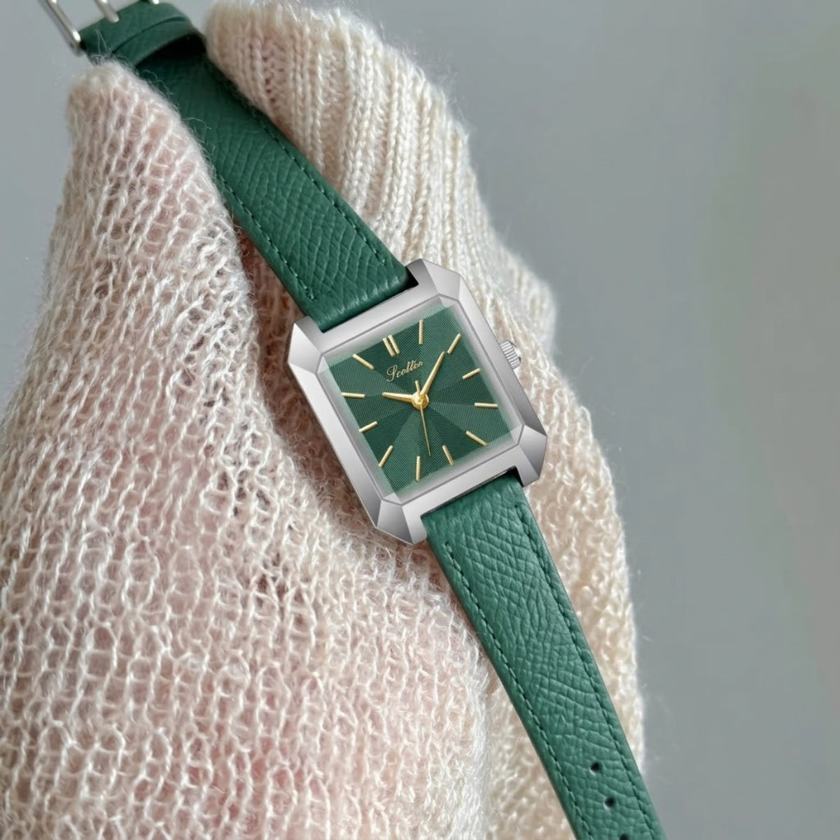 Scottie 9153 Women’s Square Leather Watch – Luxury Quartz Water-Resistant Wristwatch for Ladies Green