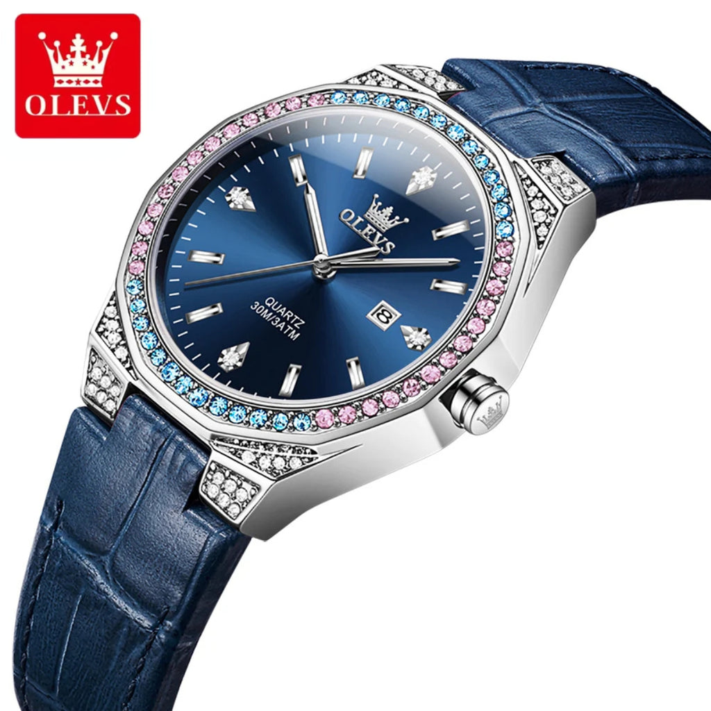 OLEVS 5606 Women’s Luxury Leather Watch – Fashion Quartz Wristwatch with Diamond Accents Blue