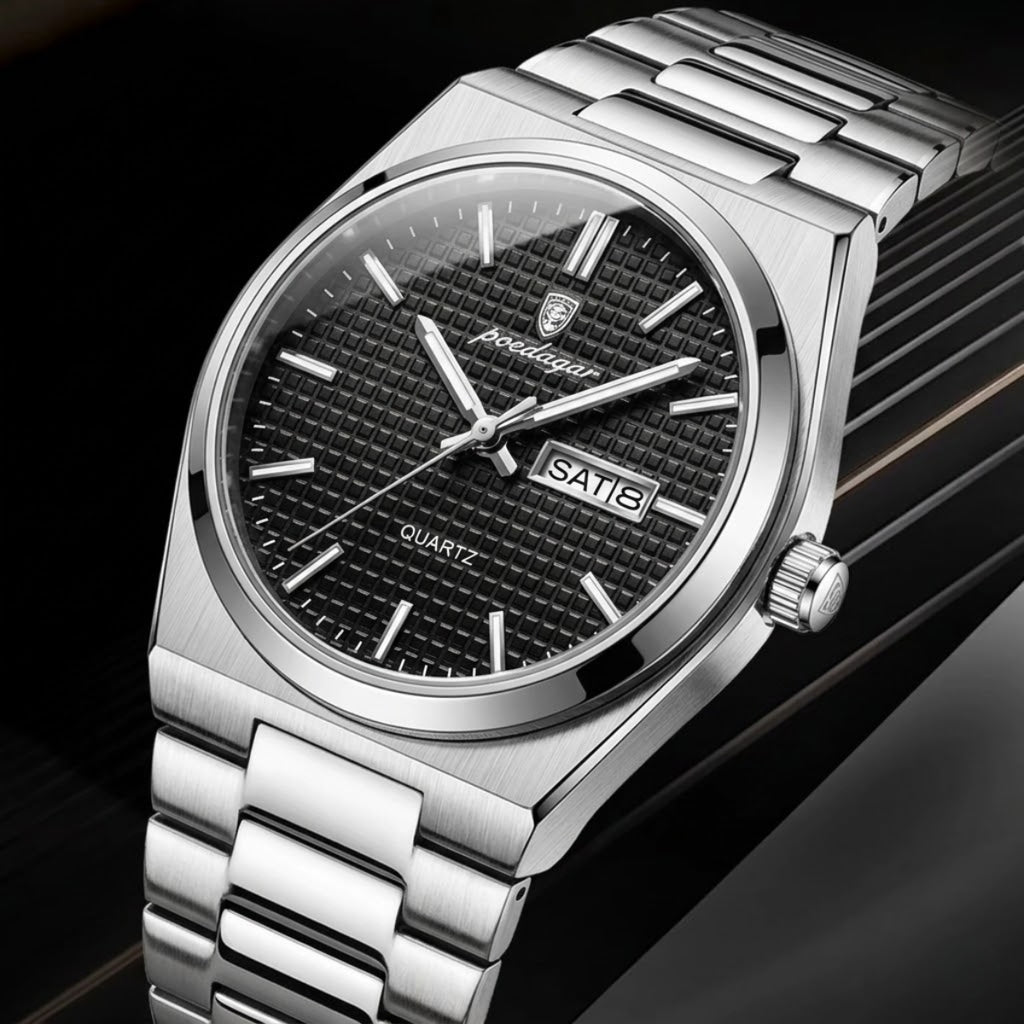 Poedagar 821 Men's Luxury Fashion Watch – Waterproof Luminous Quartz Wristwatch with Stainless Steel Band Black