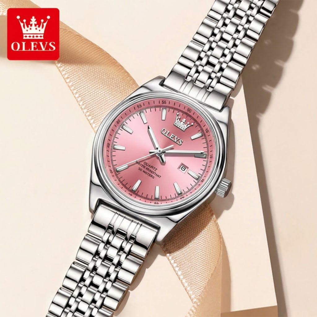 OLEVS 3703 Women’s Elegant Stainless Steel Watch – High Quality Classic Luxury Quartz Wristwatch  - Pink and Silver