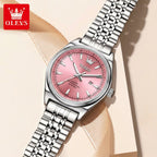 OLEVS 3703 Women’s Elegant Stainless Steel Watch – High Quality Classic Luxury Quartz Wristwatch  - Pink and Silver