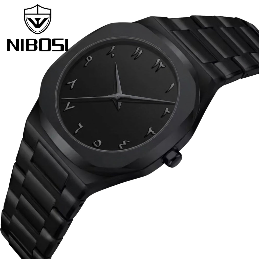 Nibosi 8102 Classic Arabic Numeral Men’s Watch - 40mm Ultra-Slim Polycarbon Quartz Movement with Premium Glass Dial Black