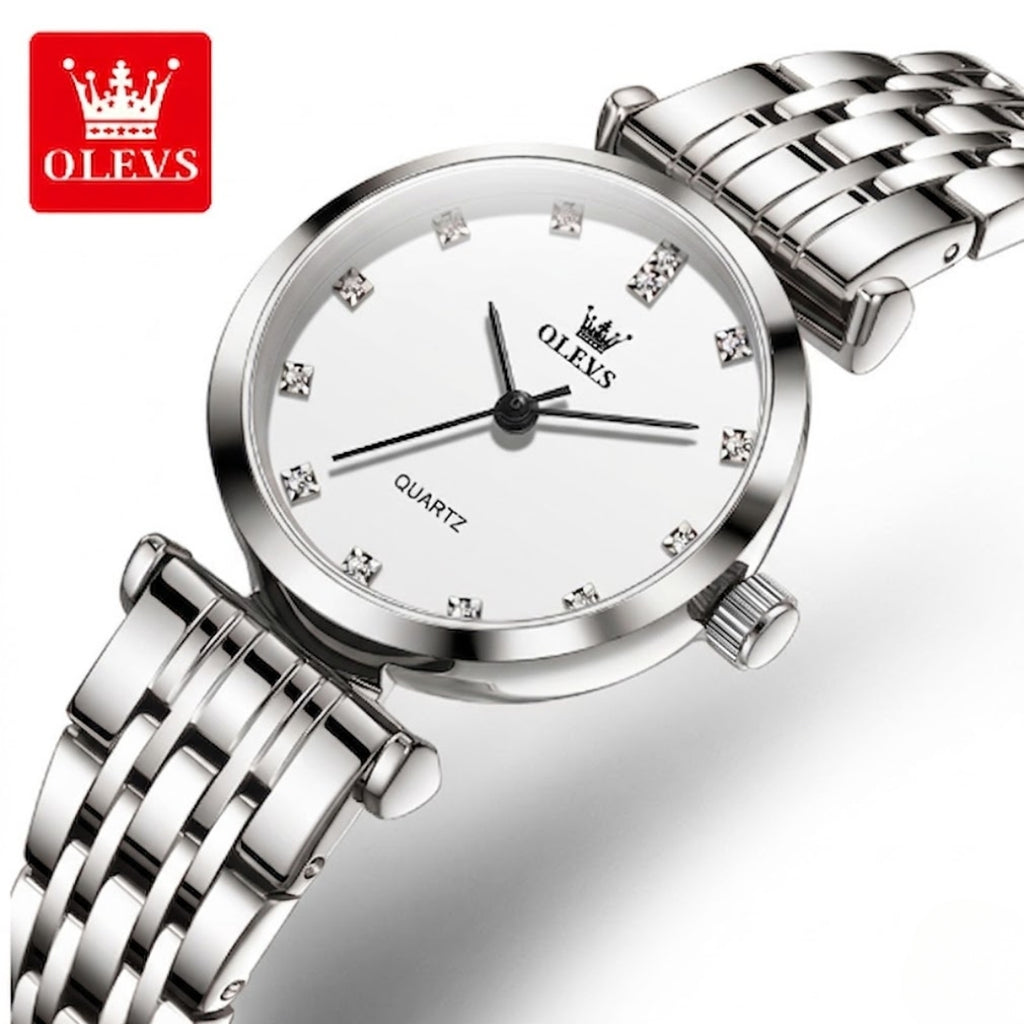 OLEVS 5596 Luxury Women's Watch – Quartz Wristwatch Set - Silvery White
