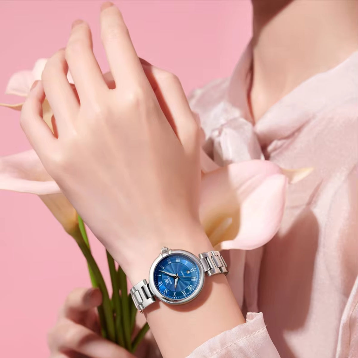 OLEVS 5608 Women’s Luxury Watch – Waterproof Stainless Steel Quartz Wristwatch for Ladies Blue
