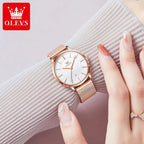 OLEVS 5869 Women’s Ultra-Thin Mesh Watch – Waterproof Luxury Quartz with Steel Strap Rose Gold and White