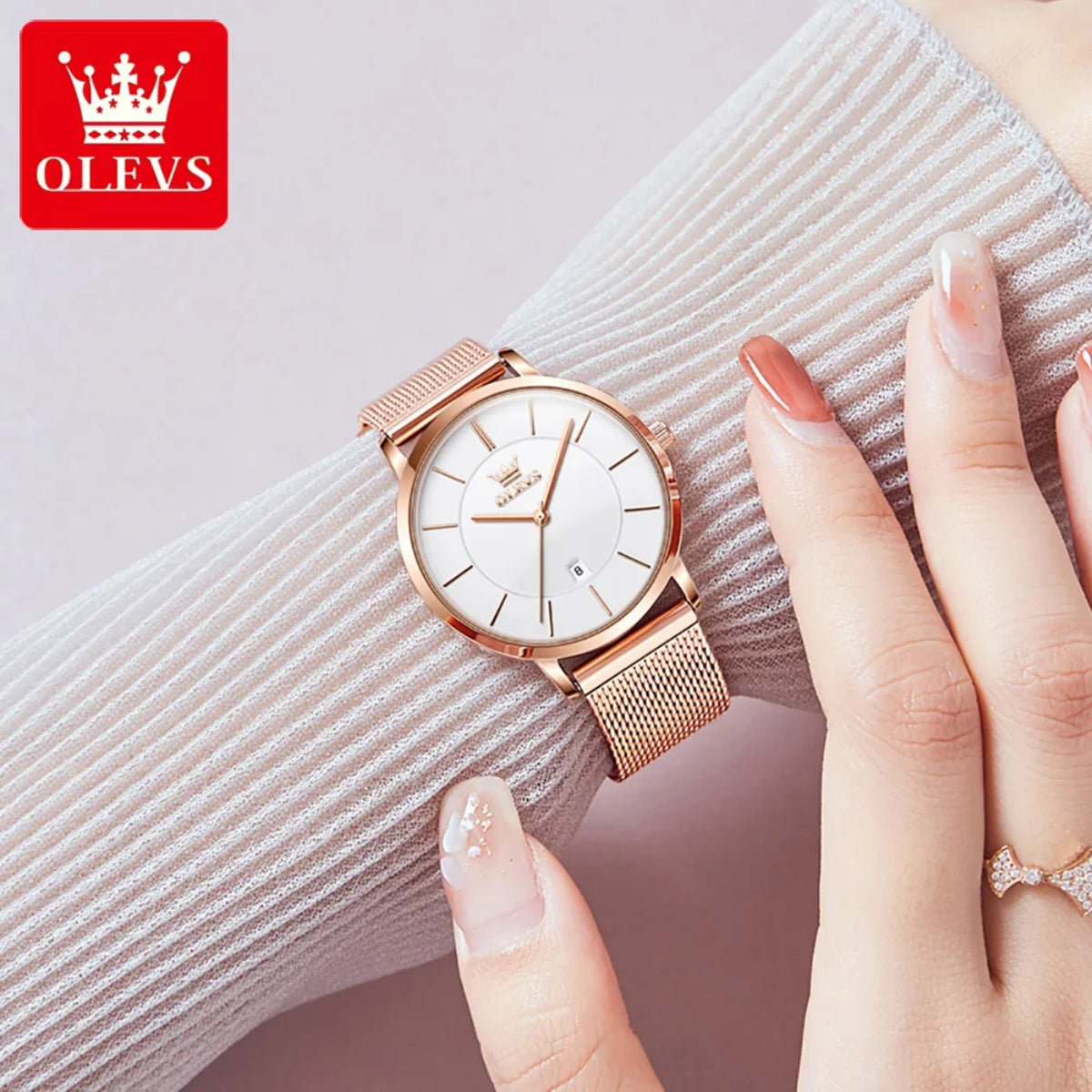 OLEVS 5869 Women’s Ultra-Thin Mesh Watch – Waterproof Luxury Quartz with Steel Strap Rose Gold and White