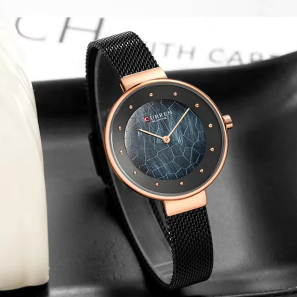 CURREN 9032 New Women’s Bracelet Watch – Simple Luxury Fashion Quartz Wristwatch for Girls Black and Rose Gold