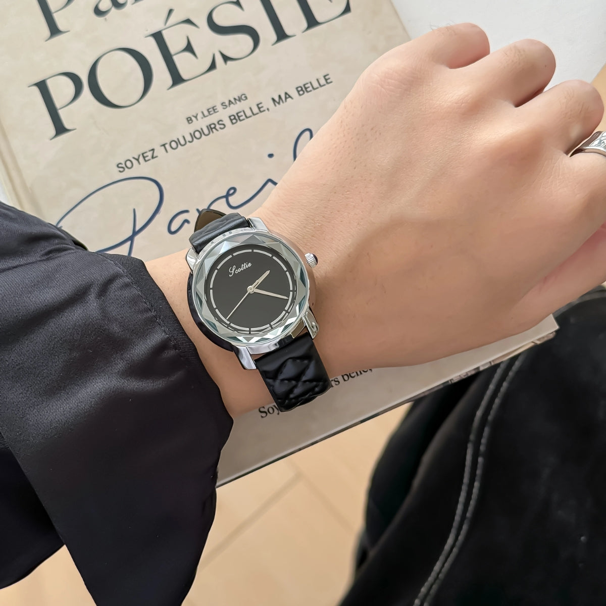 Scottie 9728 Women’s Luxury Square Watch – Waterproof Quartz Wristwatch with Leather Band Black