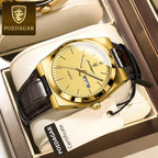 POEDAGAR 930 Men's Ultra-Thin 40mm Watch - Luminous Leather Strap Business Casual Quartz Gold