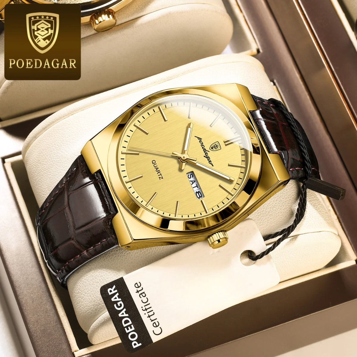 POEDAGAR 930 Men's Ultra-Thin 40mm Watch - Luminous Leather Strap Business Casual Quartz Gold